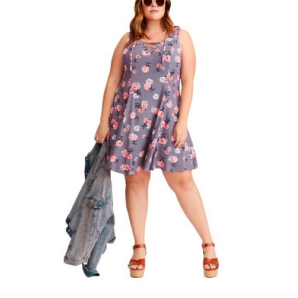 Torrid Plus Gray Floral Sleeveless Tie-Up Gauze Dress